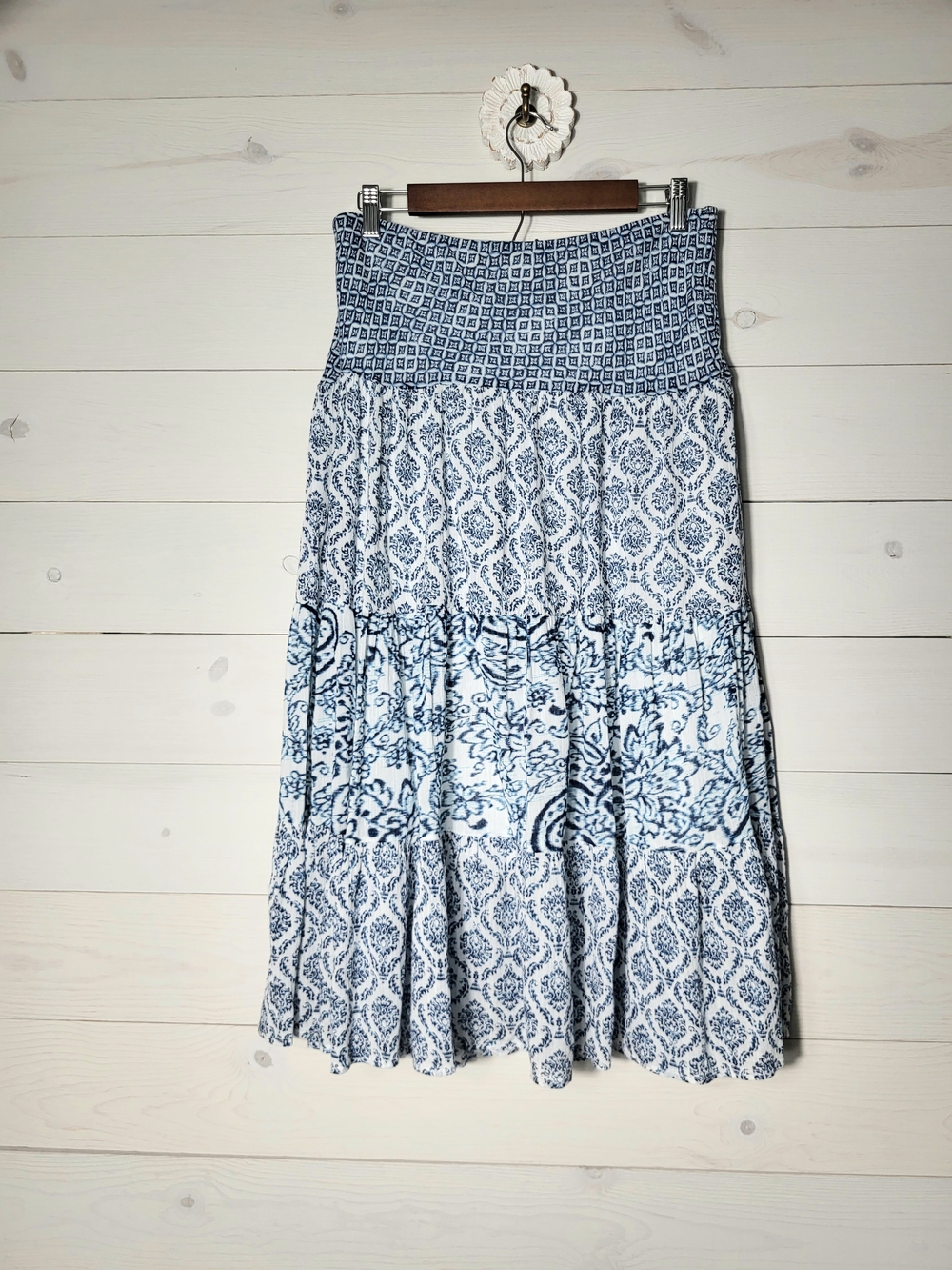 CHAPS Maxi Skirt Tiered Cotton Floral Geometric Shabby Chic Cottagecore.